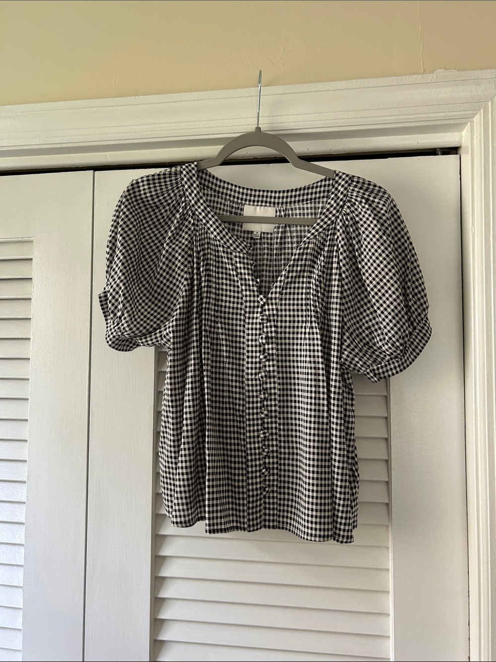 Reformation Black and White Gingham Puff-Sleeve Button Blouse